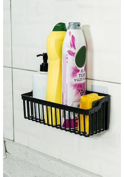 2 Li Plastik Yapışkanlı Askılı Mutfak- Banyo Rafı Düzenleyici Duş Şampuanlık Siyah