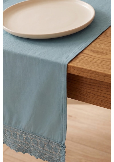 Mineral Blue Lacy Pamuklu Dantelli Runner 40x150 Cm Mavi
