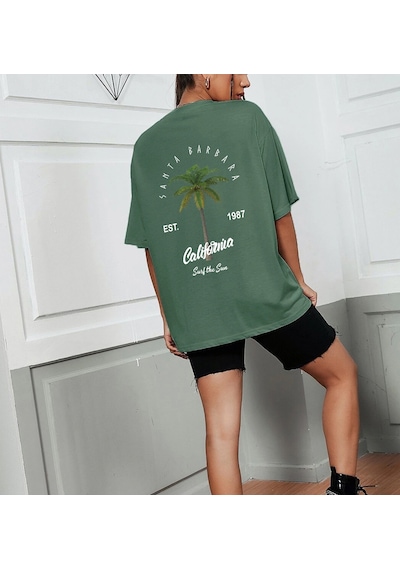California Baskılı Unisex Oversize Tshirt Yeşil