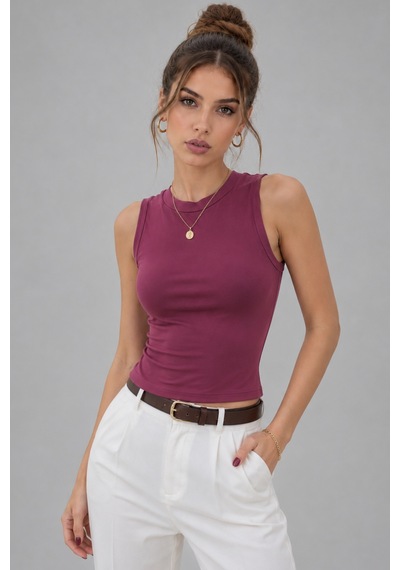Wild Bee Kadın Gül Kurusu Pamuklu Bisiklet Yaka Vücudu Saran Sıfır Kollu Basic Bluz