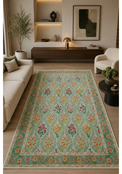 Modern Floral Desen Baskılı Kaymaz Yıkanabilir Salon Oturma Odası Mutfak Balkon Halısı Yolluk Yeşil