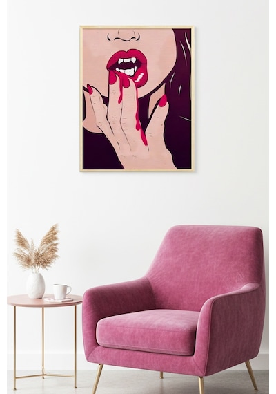Doğal Ahşap Çerçeveli Pop Art Desenli Tablo - Kırmızı Tonlar Huhu2035