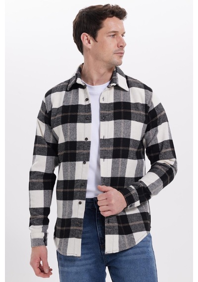 Tudors Erkek Slim Fit Dar Kesim Kareli Kışlık Oduncu Gömlek-42222 Beyaz