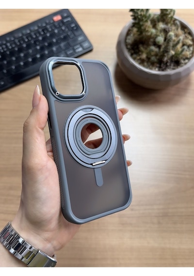 Apple Uyumlu iPhone 15 Pro Standlı Ve Yüzüklü Magsafe Kılıf Soocase721 Gri