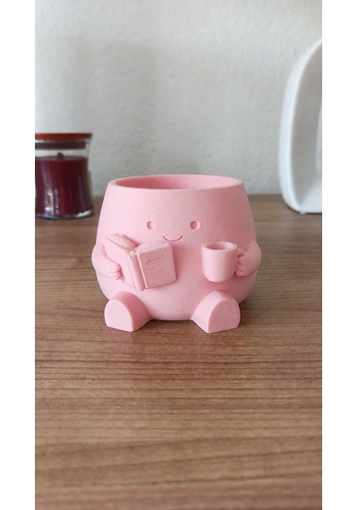 3d Baskı Kitap Okuyan Saksı - Kupa Tutan Sevimli Saksı-pembe