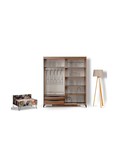 Pasifichome Huga Sürgülü Gardırop Ceviz 170Cm / 2 Kapaklı Çekmeceli Dolap
