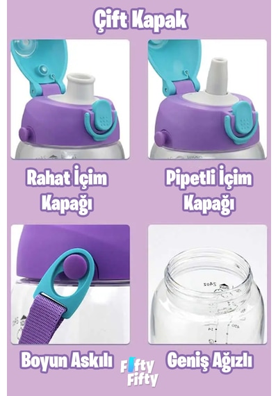 480 Ml Kılıflı 2 Ayrı Kapaklı Pipetli / Pipetsiz Tritan Çocuk Su Matarası Kırmızı-yeşil