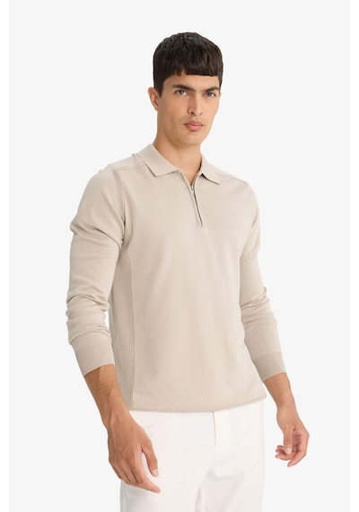 Defacto Standart Fit Normal Kesim Fermuarlı Polo Yaka Triko Kazak D0621AX24AU Bej