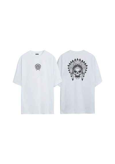 Thewert Unisex Şef İllüstrasyon Kafatası Ön Arka Baskılı Beyaz Oversize T-shirt