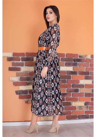 Dip Moda Kadın Kemerli Yaka Detaylı Uzun Şifon Elbise Dpry0032 Siyah - Turuncu