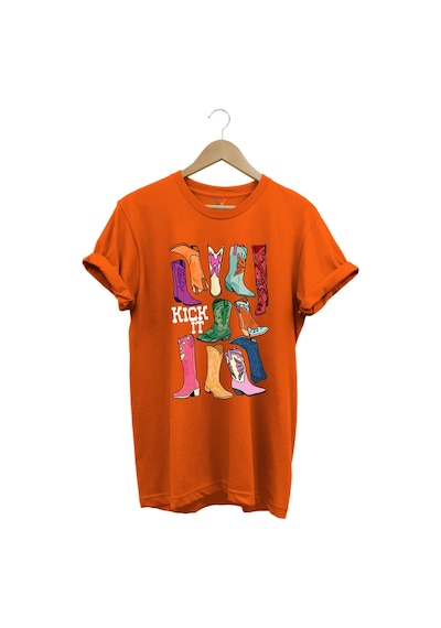 Unisex Cowgirl Kovboy Çizme Baskılı %100 Pamuk Regular Fit Bisiklet Yaka Turuncu T-shirt Turuncu