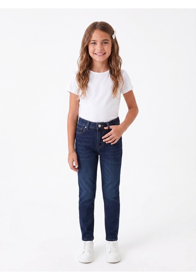 Onloox Kız Çocuk Koyu Mavi Kız Çocuk Koyu Mavi Pamuklu Denim Dar Kalıp Cepli Fermuarlı Jean Pantolon 9-14 Yaş