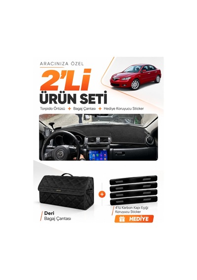 E-biz Mazda 3 2003-2009 Uyumlu Torpido Örtüsü + Deri Bagaj Çantası Seti - Siyah - Ma001