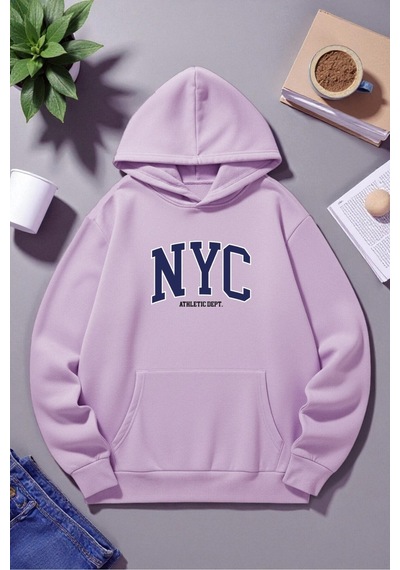 Uyguntarz Unisex Nyc Tasarım Baskılı Kapüşonlu Sweatshirt Lila