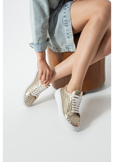 Dericia Shoes Glow Hakiki Deri Kadın Günlük Örgülü Sneaker Ayakkabı Altın