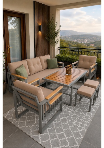 Esinti Serisi Balkon Takımı, 3-1-1 Gri Bahçe Takımı, 3'lü Koltuk 70x180, 2 Tekli Koltuk 70x70, Masa 70x110, 2 Puf Cappuccino