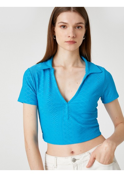 Koton Polo Yaka Crop Tişört Uzun Kollu Mavi 3sak50066ek Mavi