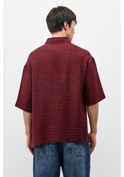 Vamos Oversize Desenli Kısa Kollu Gömlek Bordo