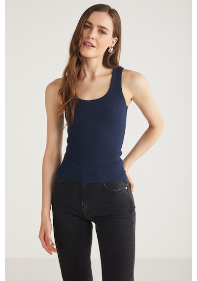 Ethıquet Lıllesol Kadın Fitilli Görünümlü Slim Fit Vücuda Oturan Havuz Yakalı Pamuklu Basic Lacivert
