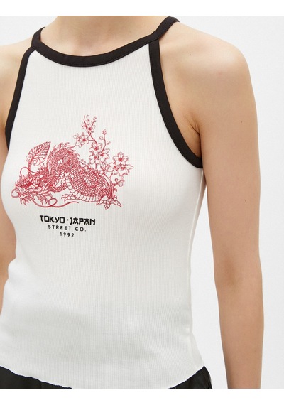 Koton Baskılı Atlet Halter Yaka Şerit Detaylı Fitilli Tanktop Kırık Beyaz 1yal38062ık Ekru