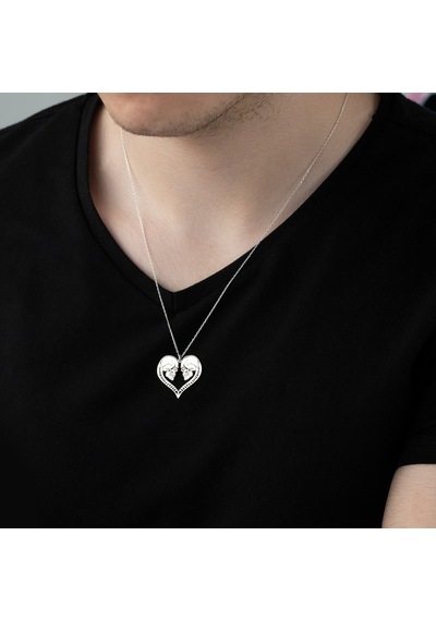 Dkmn Gümüş Çift Kurukafa Kalpli 925 Ayar Unisex Gümüş Kolye Gümüş Unisex Kol