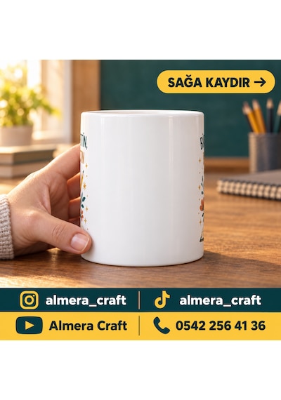 Kişiye Özel İsimli Öğretmen Kupası Öğretmene Hediye Baskılı Porselen Kupa Bardak 300 Ml Almera Craft Beyaz - Beyaz