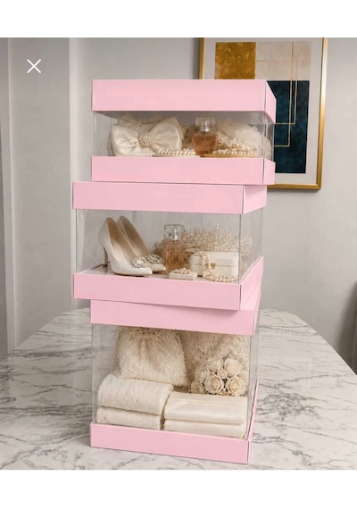 Asetat Gelin Çeyiz Bohça Kutusu Toz Pembe 3'lü Set 1 Takım Şeffaf Katlanabilir Demonte Söz Nişan Hediyelik Ölçüler Büyükboy:33 33 40cm Orta Boy: 33 33 25cm Küçük Boy: 33 33 15cm