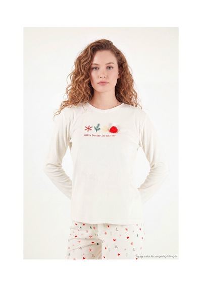 Lela Desenli Yumuşak Dokulu Uzun Kollu Pijama Takımı Kadın Pijama Takımı 6575016 Krem