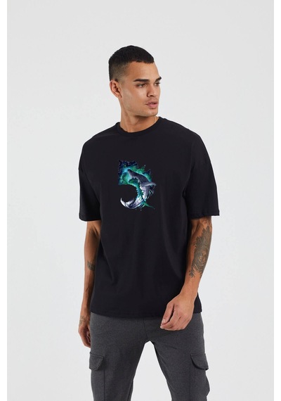 Thewert Unisex Balina Baskılı Siyah Oversize Tshirt