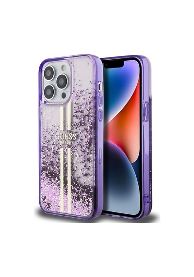 Apple Uyumlu iPhone 14 Pro Max Kılıf Guess Lisanslı Transparan Sıvılı Simli Altın Çizgili Kapak Mor