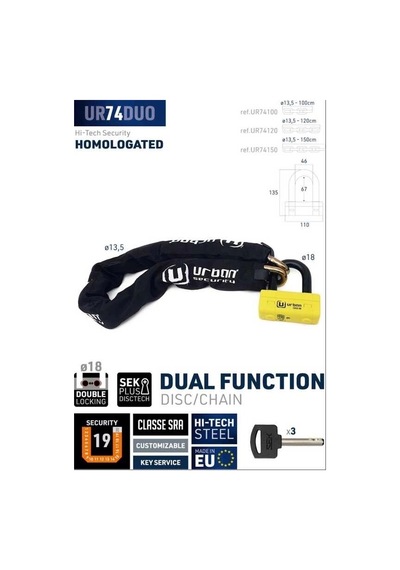 Urban Securıty Ur74-120 13.5 Mm 120cm Kement Zincir Kilit