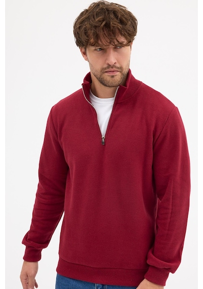 Mmetalic Erkek Bordo Standart Fit Normal Kesim Pamuklu Yarım Fermuarlı Dik Yaka Pamuklu Sweatshirt Bordo