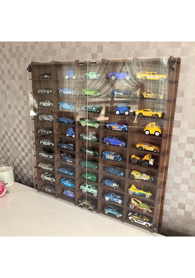 Pleksi Kapaklı 1/64 Ölçek 50araç Hotwheels Matchbox Metal Araç Uyumlu Model Oyuncak Araba Rafı- Çok Renkli
