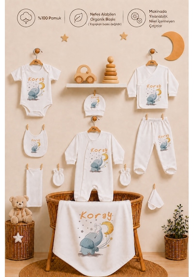 Pia Baby Erkek Bebek Hastane Çıkışı 10'lu Yenidoğan Set %100 Pamuk İsme Özel Organik Baskılı 2068103x Ekru