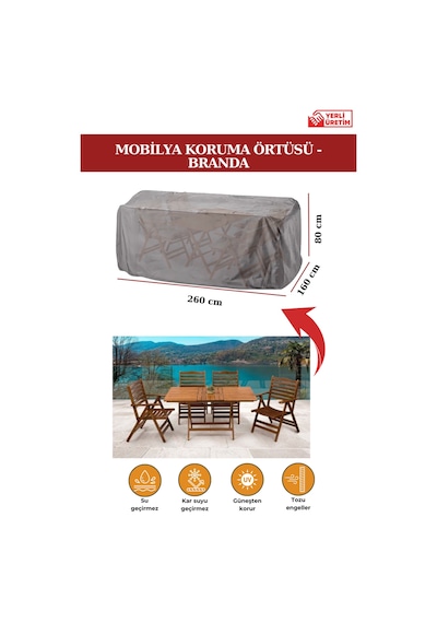 Gri Bahçe Mobilya Koruma Örtüsü Branda 260x160x80 Cm-santimetre, Su Geçirmez, Güneşten Korur Gri