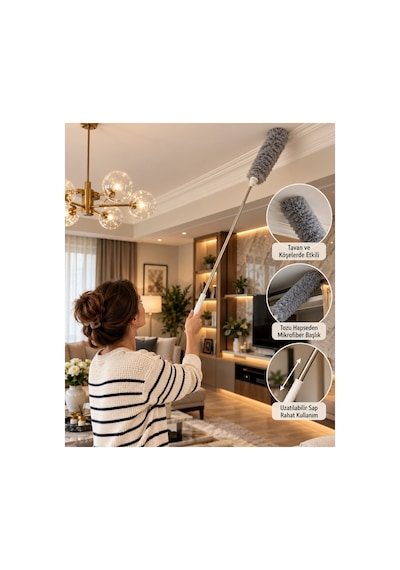 Uzatılabilir Saplı Mikrofiber Toz Alma Aparatı Tavan Ve Köşe Temizleme