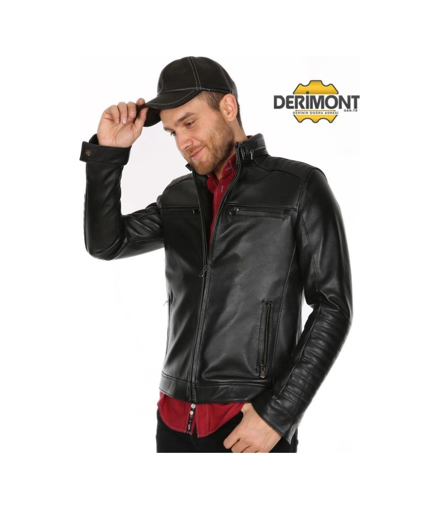 Deriwork Hakiki Deri Siyah Kol Omuz Işlemeli Erkek Deri Ceket Siyah