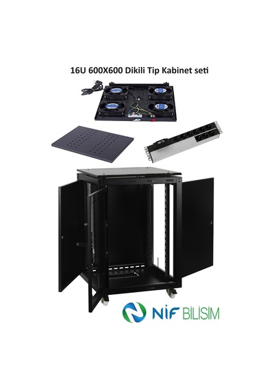 Ulusal 16u 600x600 Dikili Tip Kabinet Seti Tekerlek Takımı 4lü Fan 9lu Priz Sabit Raf Dahil Set