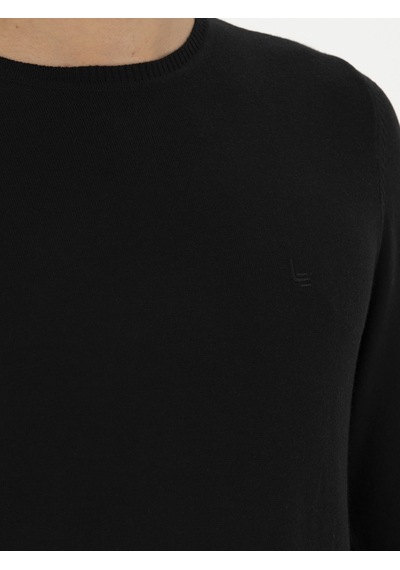 Cacharel Siyah Slim Fit Pamuk Karışımlı Bisiklet Yaka Basic Triko Kazak