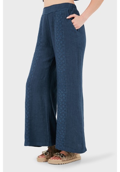 Via Dante % 100 Keten Relaxed Fit Brode İşlemeli Pantolon Bayan Pantolon 69912211 İndigo