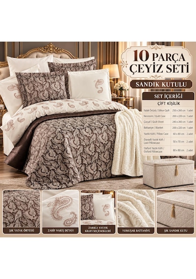 Slc Home 10 Parça Lüx Çeyiz Seti, % 100 Pamuk Nevresim, Kaşmir Battaniye, Yatak Örtüsü, Oxford Yastık Kılıfları,volanlı Yastık Kılıfı Lüx Tasarım Bej - Kahve Slc Home 10 Parça Lüx Çeyiz Seti, % 100 Pamuk Nevresim, Kaşmir Battaniye, Yatak Örtüsü, Oxford Yastık Kılıfları,volanlı Yastık Kılıfı Lüx Tasarım Bej - Kahve