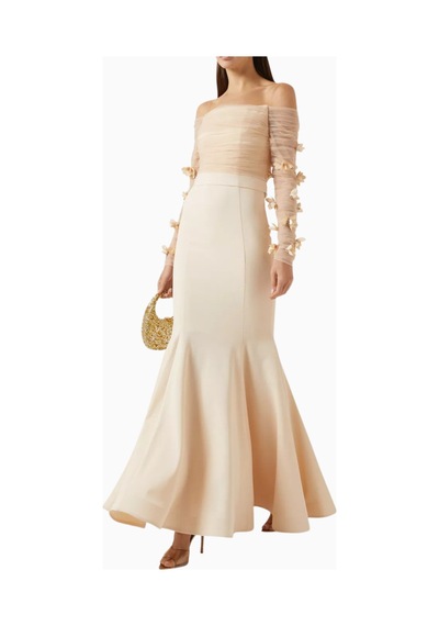 Ronanna Off-shoulder Çiçek Aplikeli Abiye Krem