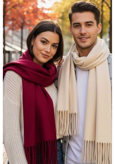 Tezzgelsin Unisex Yumuşak Dokulu Püsküllü Kışlık Buklet Atkı Şal 2'li Set Bordo - Ekru