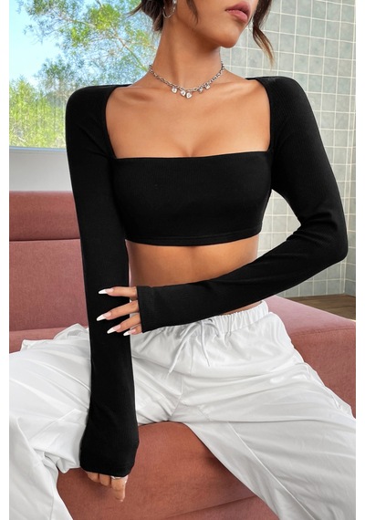 Angbutik Kadın Siyah Uzun Kol Göğüs Ve Sırt Dekolteli Crop Top Bluz