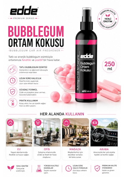 Edde Bubblegum Kokulu Ferah Kalıcı Araba Araç Oto Kokusu Araç Içi Kokuları 250 Ml Oto Parfümü Oto Detailing 250ml