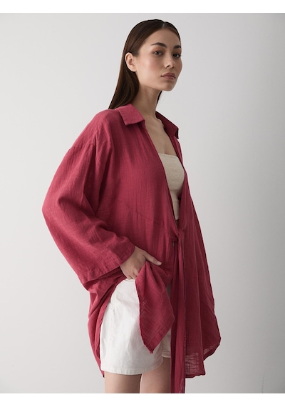 Laluvia Bordo Flam Keten Kimono Gömlek Bordo