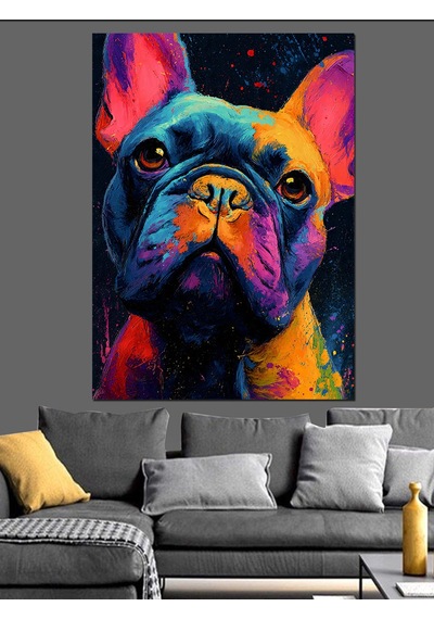 Ahşap Tablo Renkli Fransız Bulldog Köpek