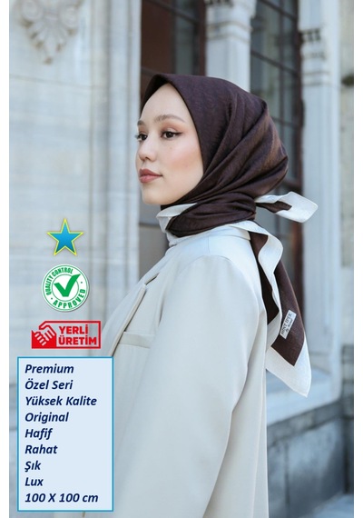 Eşarp - Premium Lux Original Monogram Eşarp İpek Vual, Yüksek Kalite, Hafif, Rahat, Şık, Scarf Acı Kahve Krem Şeritli