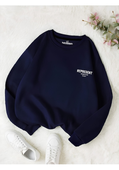 Startmore Lacivert Unisex Erkek/kadın Renkli Represent Özel Baskılı Oversize Pamuklu Bisiklet Yaka