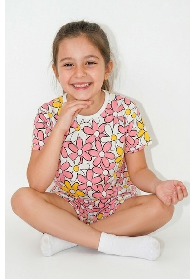 Breeze Kız Çocuk Şortlu Pijama Takımı Renkli Papatya Desenli 4-8 Yaş, Karışık Renk Çok Renkli